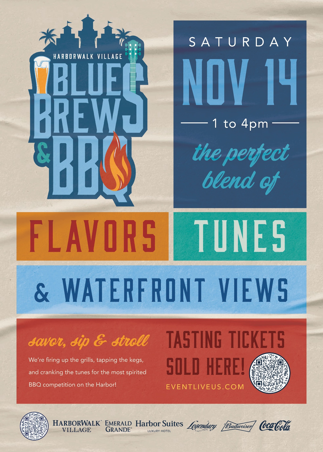 Blues, Brews & BBQ 2026 event poster, Saturday November 14 from 1 to 4 PM at HarborWalk Village